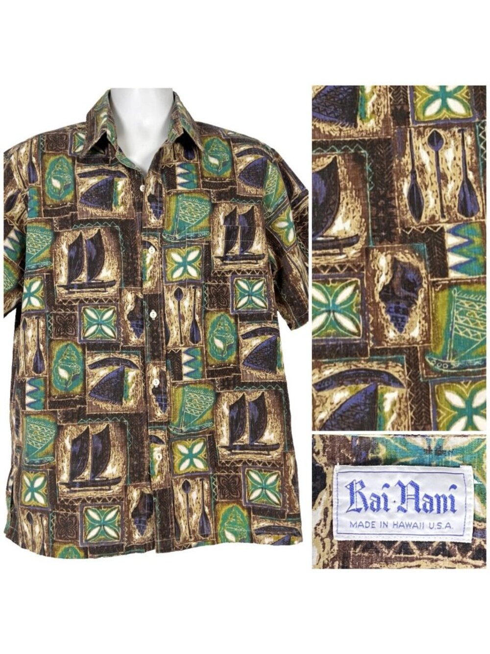 Kai Nani Tapa Tiki Mens Vtg Hawaiian Shirt size L/XL 48x28 Tribal Canoe USA